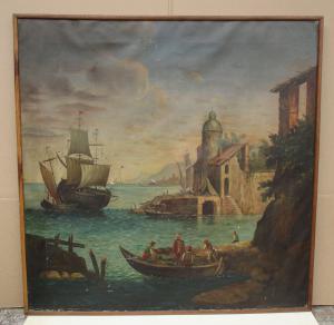DIPINTO OLIO SU TELA PAESAGGIO COSTIERO CON FIGURE    
